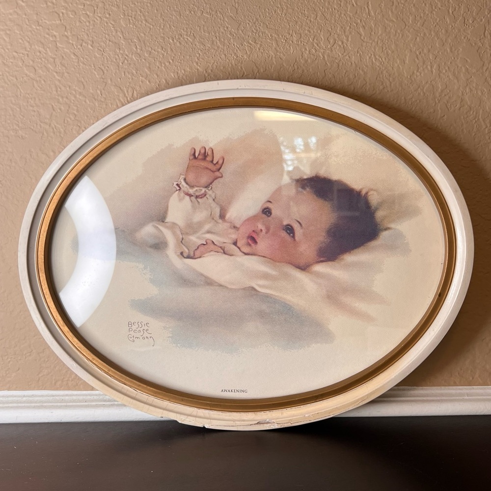 Vintage 1930’s Bessie Pease Gutmann ‘Awakening’ Oval Framed Litho of Baby w Her